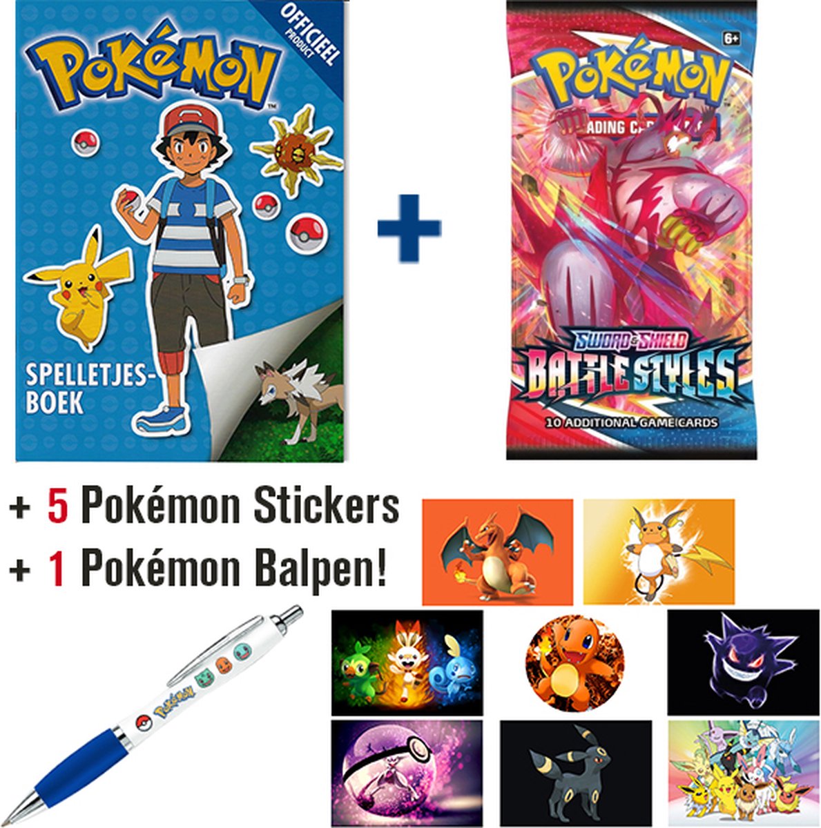 Pokémon Spelletjesboek + Pokémon Boosterpack Sword & Shield Battle Styles (10 Pokemon Kaarten) + Pokémon Balpen + 5 Pokémon Stickers {Speelgoed voor kinderen jongens meisjes - Pokemon GO Sword & Shield Spelletjes Sticker Boek}